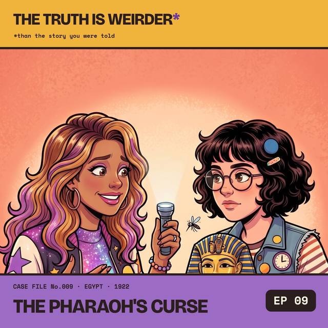 Cass with a torch, Pip holding a golden pharaoh mask